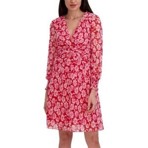 Julia Jordan Dress Floral Long Sleeve Hi-Lo Polyester Shift Mini Red Pink NWT 12